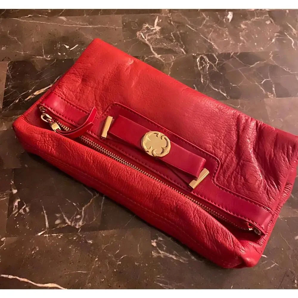 Emma Fox Red Pebbled Leather Foldover Clutch Bow Detail Floral Lining